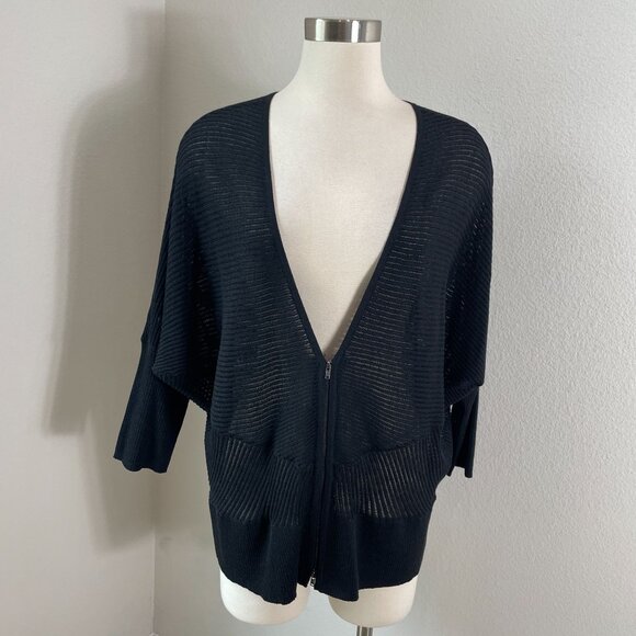 Eileen Fisher Womens XL Black 100% Wool 3/4 Dolman Sleeve Zip Cardigan Knit - Picture 1 of 12